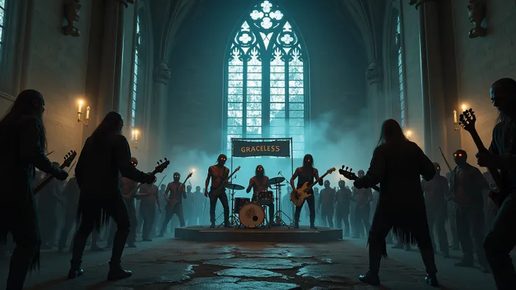 inside of gothic church, There a zombie metal band of 4, playing on wooden stage. The band has one bold  drummer zombie, one bass player zombie with long hair, one guitar player zombie with long hair and one main singer with a guitar. there is a banner beh...