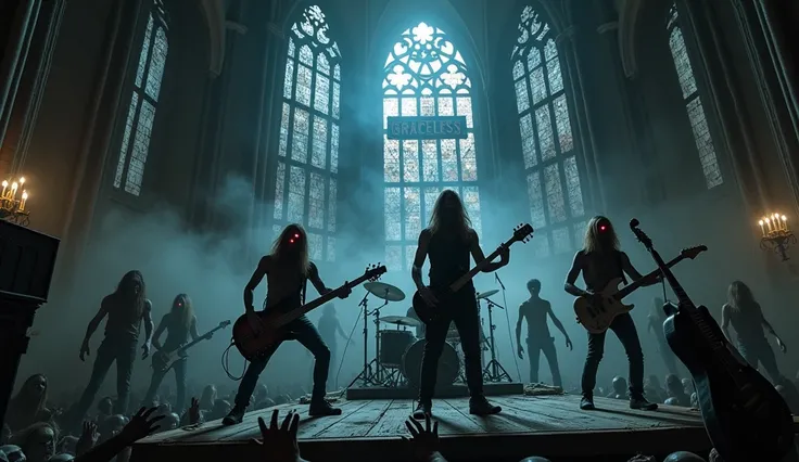 inside of gothic church, There a zombie metal band of 4, playing on wooden stage. The band has one bold  drummer zombie, one bass player zombie with long hair, one guitar player zombie with long hair and one main singer with a guitar. there is a banner beh...