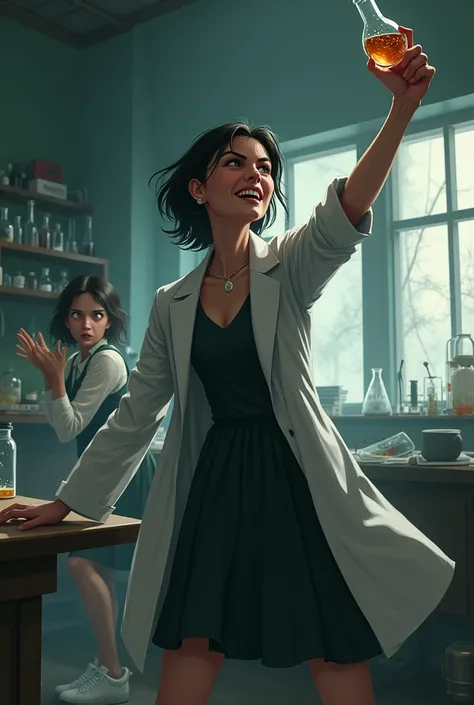 A very angry woman, a short-lived black chemist, aggressively hits her student with a chemical flask