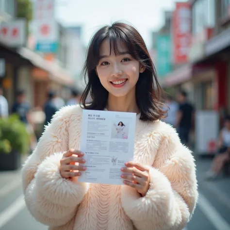 On the street, a Japanese female actress in her 20s wearing fluffy clothes holding a flyer, real photo, ultra high resolution, 4K