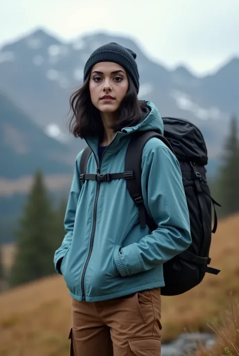   Real human photo, Fika is a 25 years woman with shoulder length  wavy  black hair and fair skin. She has well-defined eyebrows, large black eyes,  . Wearing plain light blue jacket, brown cargo pant, black beannie and carrying black big mountain backpack...