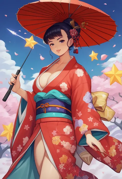 araffe dressed in a kimono with a parasol and a red umbrella, wearing royal kimono, in kimono, japanese kimono, wearing kimono, kimono, Yukata attire, wearing a kimono, Japanese traditional clothing, Japanese style,  wearing a colorful yukata , classy Yuka...