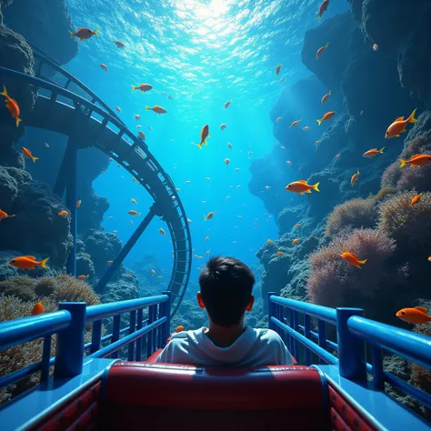 FPV dynamic shot: From the perspective of a passenger on an underwater roller coaster, colorful fish create a dazzling scenery. The vibrant marine life swims around, illuminated by the shimmering light filtering through the water, making the experience bot...