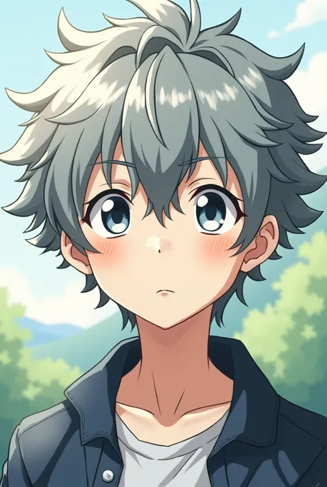  one boy 、Gray Hair、 short hair、My pupils are white 、 natural perm、、 anime style、 boys、肌の色が白、マッシュヘア