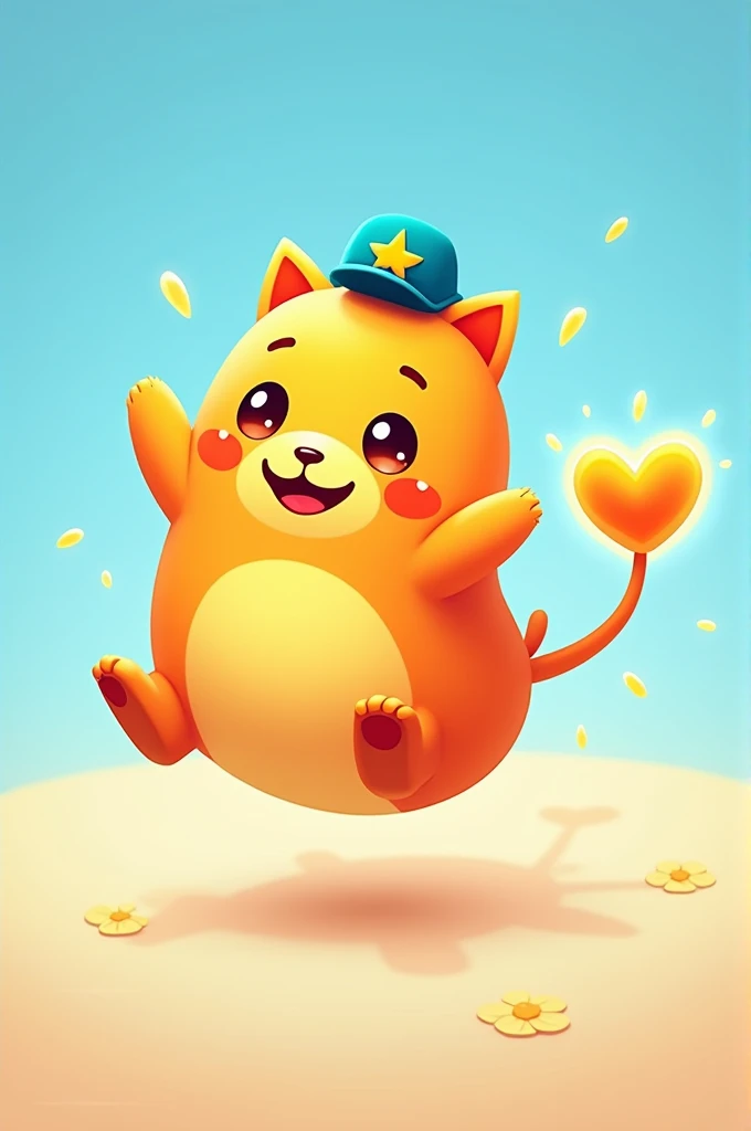 "A 2D cute and playful character named Zozi. A round, soft body with an orange main color and bright yellow and blue details. It has big, shiny eyes that reflect joy and mischief. A long, heart-shaped glowing tail, small hands and feet, and a funny little ...