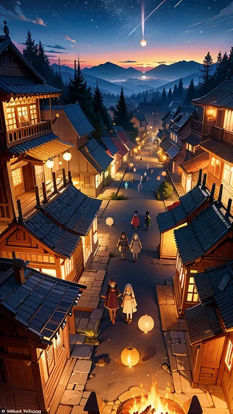 “A vibrant village festival set in the heart of a peaceful village surrounded by vast green fields. Colorful banners and lanterns hang between wooden houses, and villagers dance and celebrate around a large bonfire. ren play with small glowing orbs, which ...