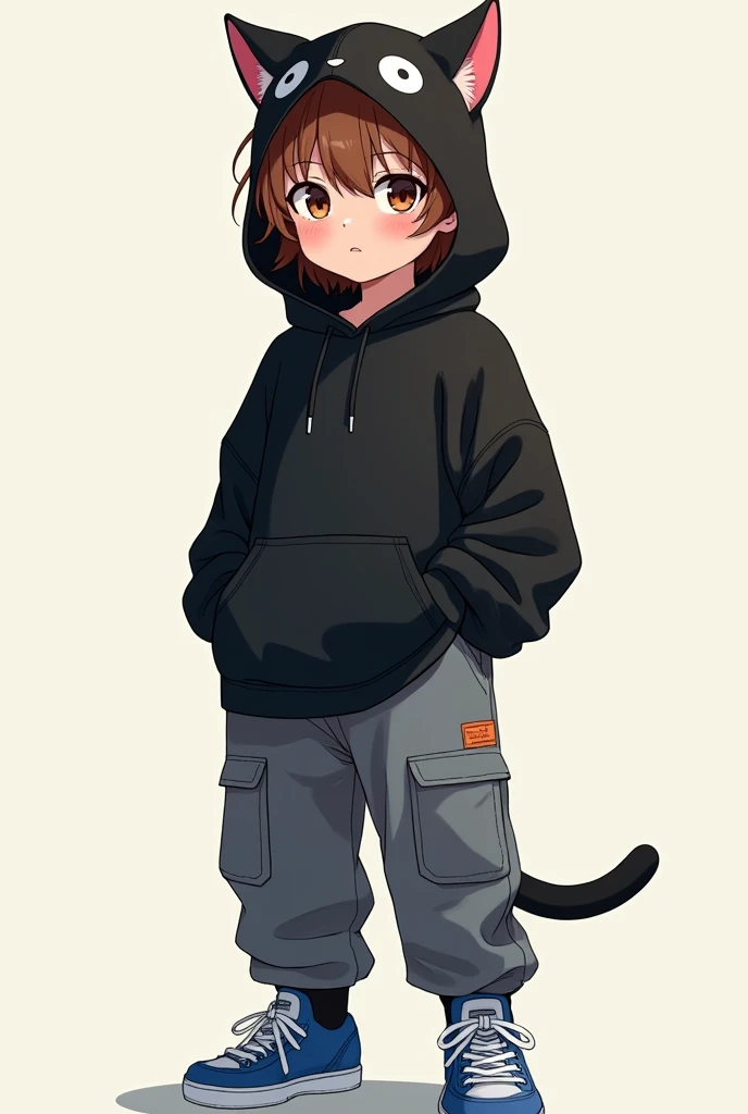 Boy 1,, wearing a two-color cat-eye black hood, British shorthair,loose-pants ,Brown hair, roots , shorts,, blue sneakers ,anime