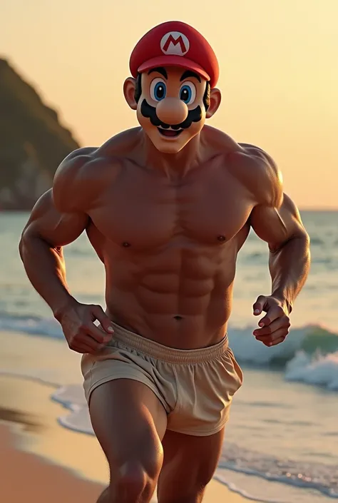 taking a selfie while running on the beach at dusk, man with a muscular physique and large, defined muscles with his chest on display with veins and nerves slightly protruding over the skin, wearing a hyper realistic mask shaped like the head of Super Mari...