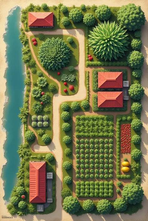 Make a blueprint of a farm that have a vertical strawberry area, chili plantation area with automatic sensor, pineapple area , mango area and squash area that near in river top view 