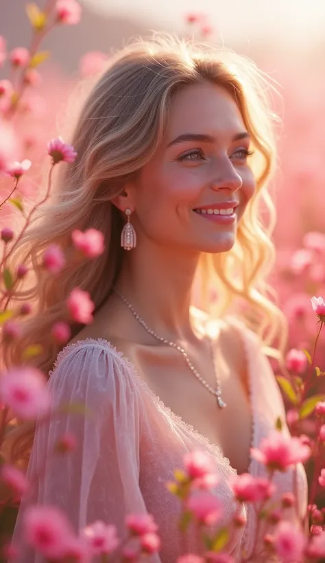 A goddess in a heavenly pink flower field, upper body, smiling.