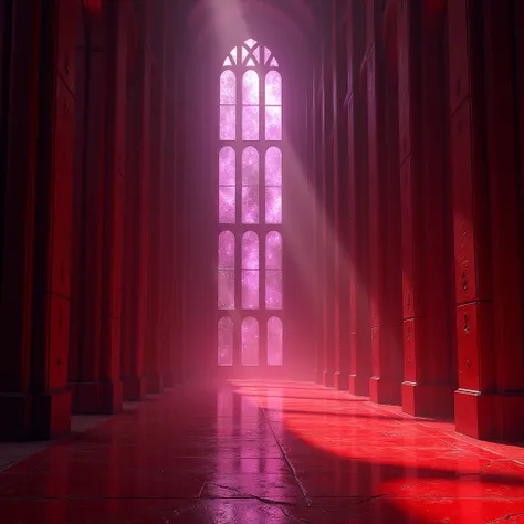 An empty Crimson Red Corridor with Large pillars on the walls and the Celestial Galaxy’s Glow of a Purple Hue shining through the Large Church-like Windows