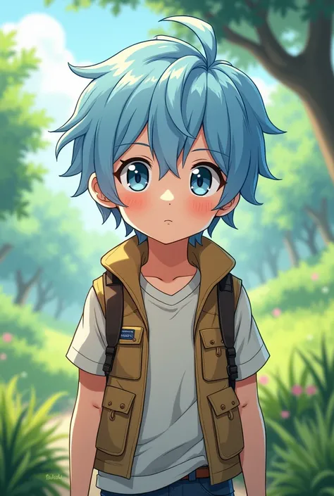 anime, boys,juvenile, light blue hair, s, wearing a vest ,Adventurer