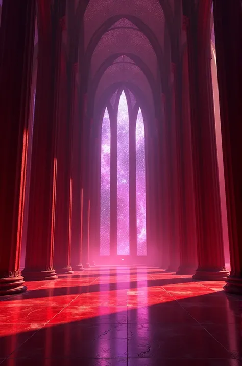 An empty Crimson Red Corridor with Large pillars on the walls and the Celestial Galaxy’s Glow of a Purple Hue shining through the Large Church-like Windows