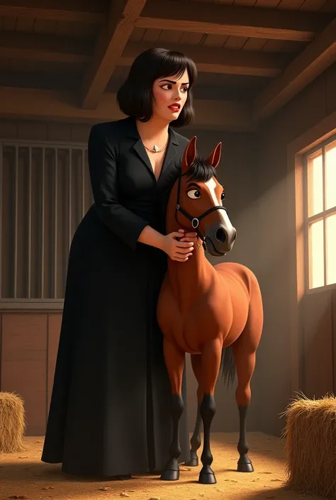 Disney pixar themed tall woman with dark brown bob hairstyle. She have long nose and untrusty face. She is hugging a horse in a horsehous