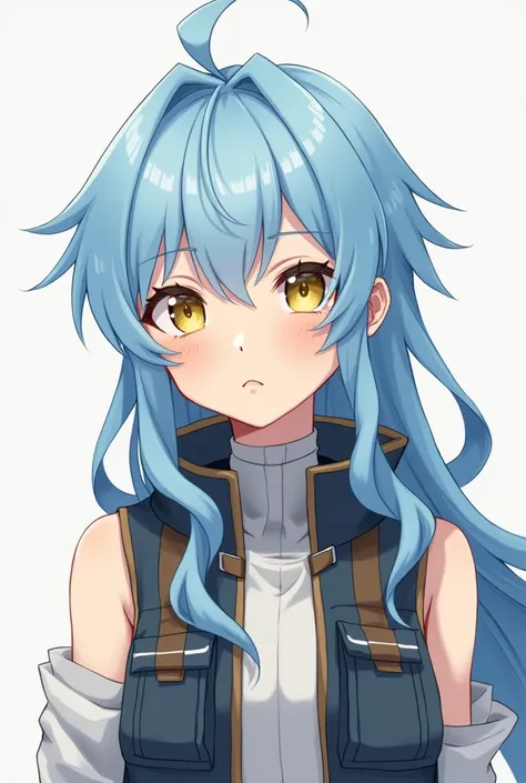 anime, boys,juvenile, light blue hair,Yellow Eyes, wearing a vest ,Adventurer,Straight face, beautiful face, long hair