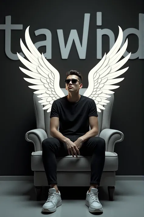 Create a 3D illusion for a picture where a boy 25 years in a black shirt sits casually on a Wingback Chair. Wearing sneakers,, and sunglasses, he looks ahead. The background features "TAWHID" in big and capital white fonts on the black wall. There should n...