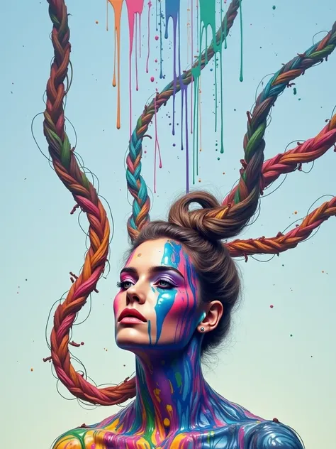 a woman with colorful paint on her face and hair, dripping with, colorful art bonita!, beautiful digital art, art painting, Bela arte UHD 4K, abstract portrait, colorful art, beautiful digital art beautiful, Art by Alessandro Pautasso, face submerged in co...