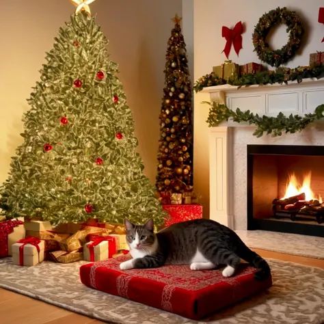 a Christmas tree in a nicely furnished living room, gifts under the tree, a cat sleeps peacefully on a rug by the fireplace, detailed Christmas tree, detailed presents, detailed cat, detailed fireplace, warm lighting, cozy atmosphere, beautiful living room...