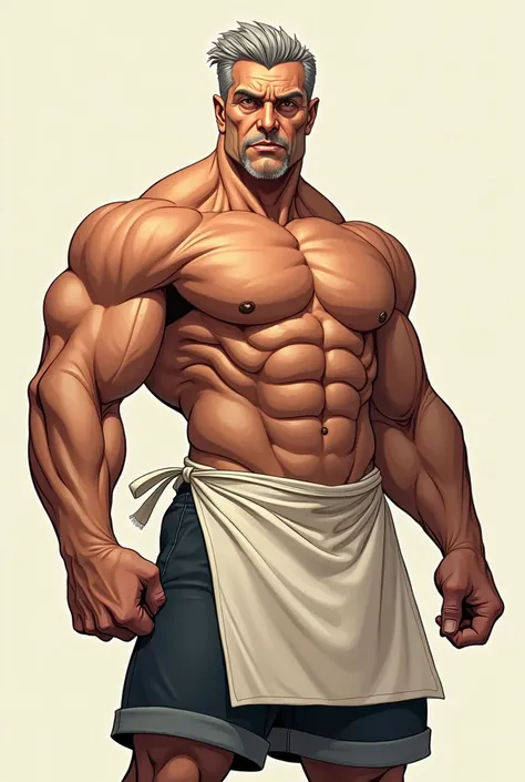 middle-aged solo gachimuchi man naked apron illustration