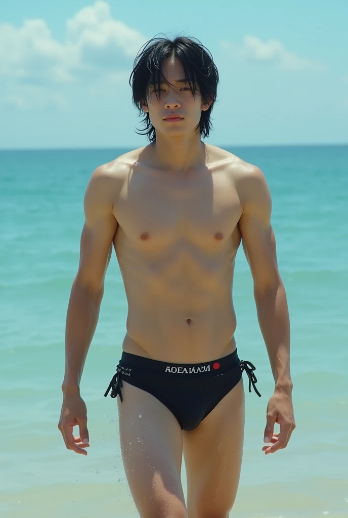  realistic movie scene,Wide angle shot, full body,a young model,JapaneseRussian man,18 years old,model face,black messy side buzz long hair,handsome charming inncent,shirtless ,fit body,He wore a black single-strap mens bikini with word "ADAM" along the ed...