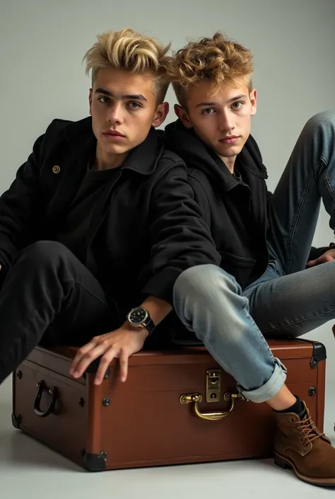 The image shows two young men sitting on top of a brown suitcase. The man on the left is lying on his back with his legs crossed and his arms resting on the handle of the suitcase. He is wearing a black jacket and jeans, and has blonde hair styled in a mes...