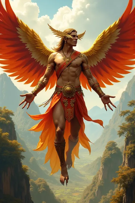 A hero with the ability to fly and talons like the mythical Garuda bird. Wears a traditional batik-patterned outfit in gold and red.Illustrate them in dynamic poses with backdrops representing their home countries, such as temples, tropical forests, rice f...