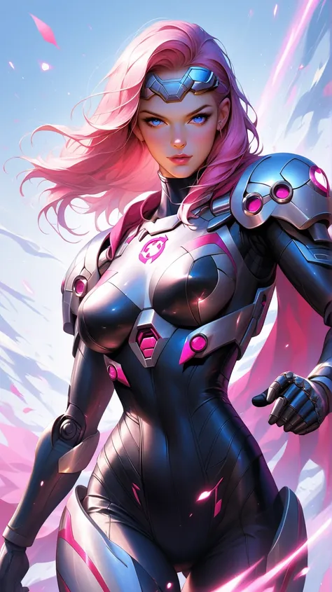 A stunning futuristic female cyborg poised for battle, exuding confidence in a sleek, high-tech armor ensemble. Her armor, a harmonious blend of white and black, is adorned with metallic accents that gleam under an unseen source of light, reflecting her ad...