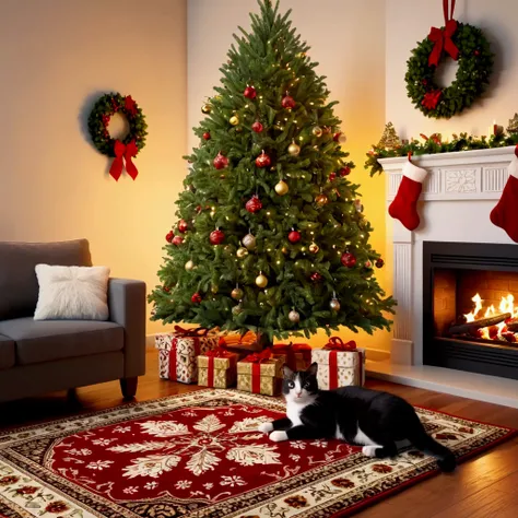 a Christmas tree in a nicely furnished living room, gifts under the tree, a cat sleeps peacefully on a rug by the fireplace, detailed Christmas tree, detailed presents, detailed cat, detailed fireplace, warm lighting, cozy atmosphere, beautiful living room...