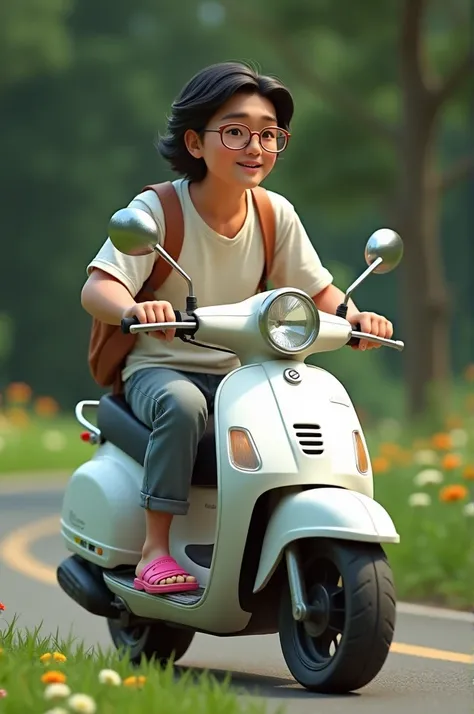 red Lombok character human. was riding a white automatic motorbike. wearing pink rubber Crocs sandals. wearing glasses. looks real and realistic. Image quality is sharp and detailed. Lombok park background. grass. small flowers of various colors.