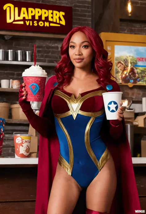  Wanda vision takes a cappuccino in her right hand with a cardboard cup and with her left hand she casts spells with lots of rays and she floats with her attractive body and very sexy outfit ,  behind it there is a battle with the Avengers .  Above there i...