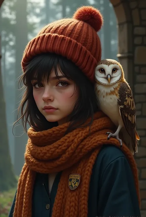 A shy dark brown short hair hiding her face. She use a beanie. She also use her griffindor scarf. Hedwig is on her shoulder.