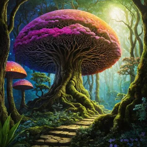 a close up of a painting of mu in a forest, ป่าเห็ด, magic mu, mu, เศษส่วนเห็ด, , เมืองเห็ด, mu and plants, glowing mu, building mu, psychedelic mu, เห็ดวิเศษ, mo on ground, mu everywhere, mu milky way, psychedelic mu dream, fluorescent mu, mu grow, ต้นเห็...