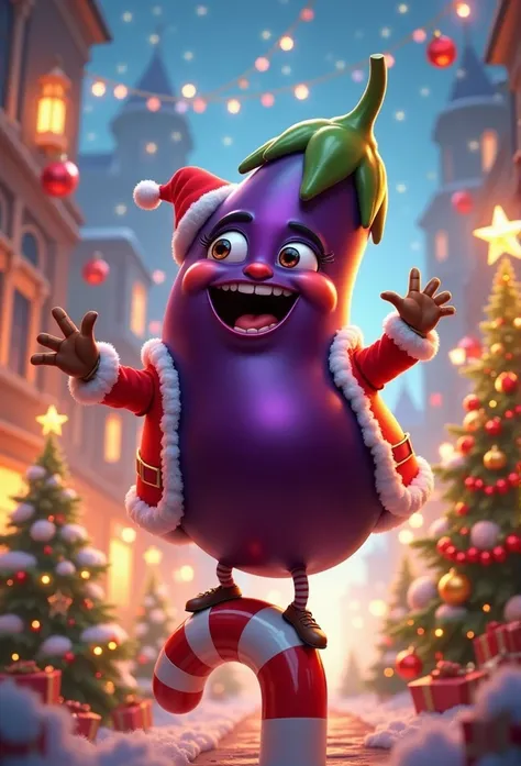 A comical and festive Christmas-themed illustration featuring an anthropomorphic eggplant with a curvy, confident figure. The eggplant is dressed in a playful red-and-white Santa outfit, complete with a tiny Santa hat on its green stem. It performs an amus...