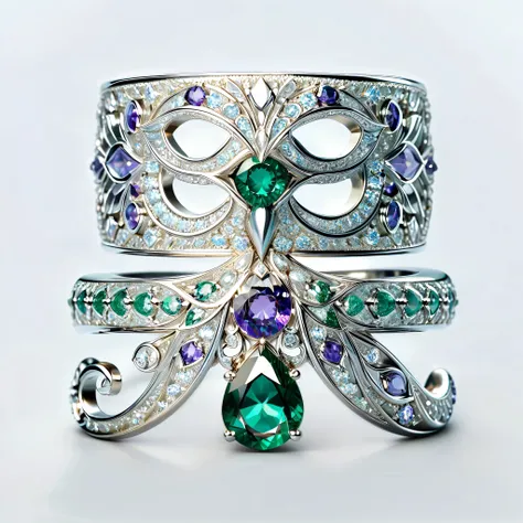 masterpiece,  top quality, ( Nothing but the Ring), (no one), Phoenix ring,  Emerald Inlaid Eyes , Made in platinum,  Circles One End to the Other , Delicate silver ring ,  Soft Mist , luster, Positive image,  Sparkling Blue Purple Gems , Elegant noble,  S...