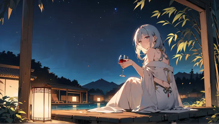 background： Night Outdoor Bath 。  . The quiet night sky spreads  、 snowy winter
expression ：Relax and smile 。  The warmth and soothing of the hot springs  。
clothing：Chinese ancient costume。 Hair a little wet after bathing  。
pause： Sitting by the hot spri...