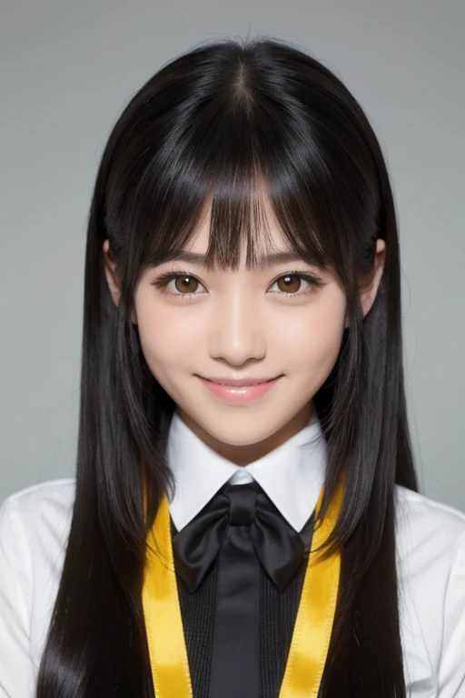 Smile, Long Hair, Black Hair, Award Winning, 1girl, Smile, Bangs, Hair Ribbon, Yellow Eyes, 