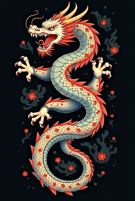 2D long vertical oriental dragon tattoo with 4 angry legs