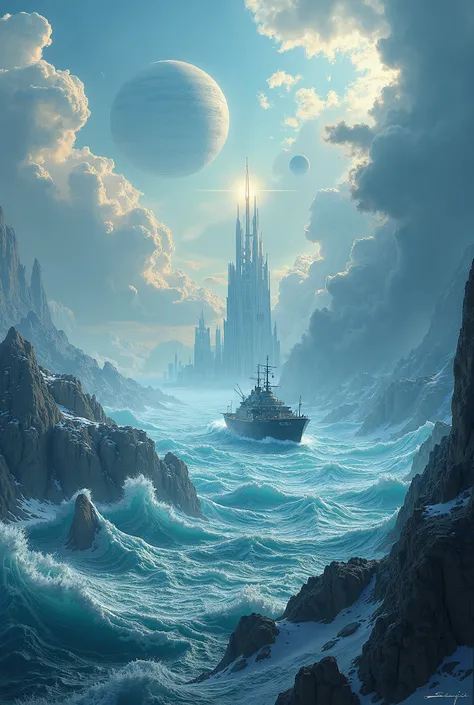 Wallpaper HD of fantasy art, sea, anime, planet, space, sky, vehicle, clouds, wind, atmosphere, futuristic city, Arctic, ghost ship, ocean, wave, atmosphere of earth, outer space, wind wave, arctic ocean
