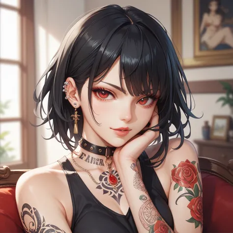  One Man、Atelier、 LARGE CANVAS 、LOTS OF PAINT 、 TATTOOS FROM NECK TO ARM、 black hair,  red eyes,  CHARACTER DESIGNS , 最 High Quality ,  high image quality model ,  High Quality ,  lots of piercings 、Black clothes