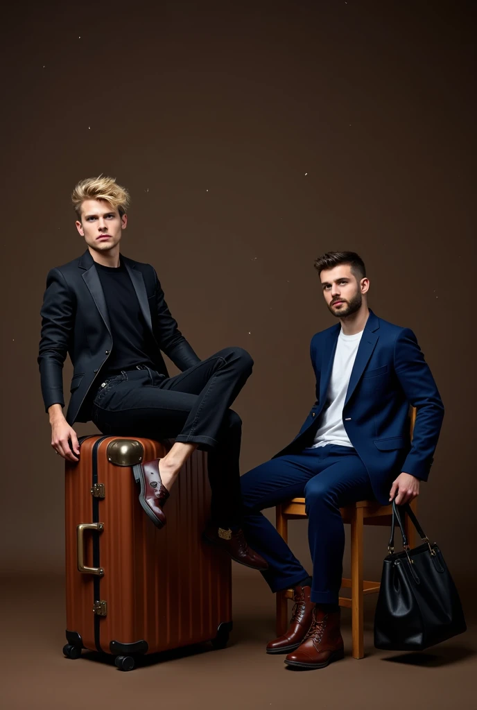 The image shows two young men sitting on top of a brown suitcase. The man on the left is lying on his back with his legs crossed and his arms resting on the handle of the suitcase. He is wearing a black jacket and jeans, and has blonde hair styled in a mes...