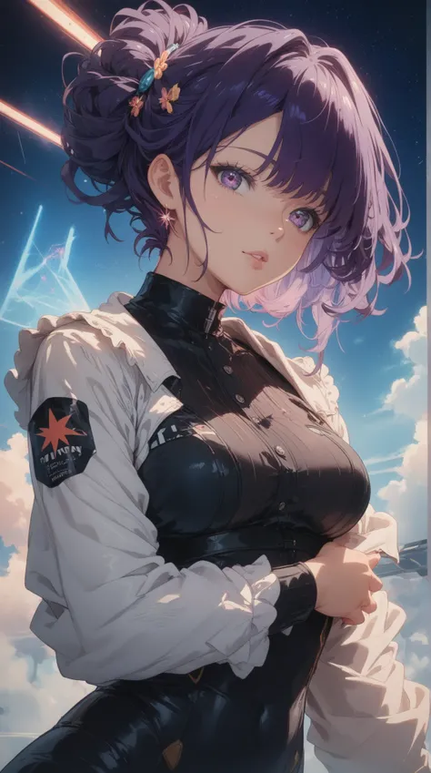 mid body shots, Front straight view shot of A mysterious anime girl with long, 
dark violet hair cascading down her back, 
dressed in a sleek black buttoned shirt with subtle red piping 
and a high-tech collar that glows faintly. 
add light on face to high...