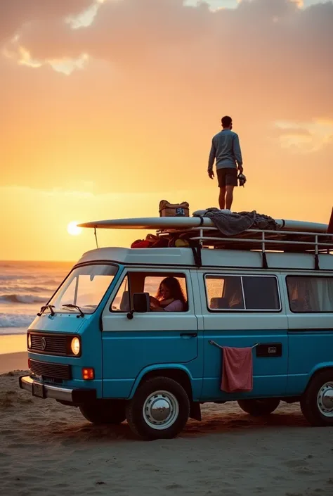 The image shows a blue and white van parked on a beach with the ocean in the background. The van has a surfboard on top and is decorated with various items such as clothes, bags, and other camping gear. A person is standing on the roof of the van, looking ...