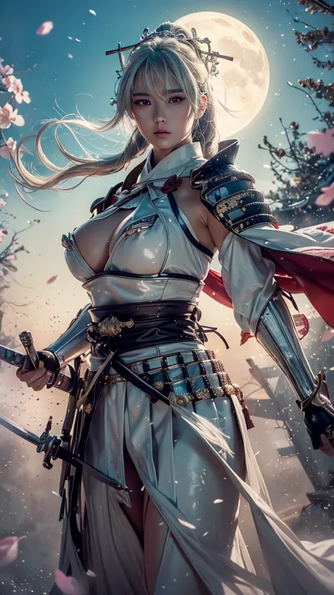 {best quality}, {very aesthetic}, {ultra-detailed}, nsfw、((look at viewer)) 、((intense angle))、A sexy female character wearing white and milky armor as a warrior from the Sengoku period、((realistic))、((drill hair))、((Silver gray hair ))、((toned body))、(gli...