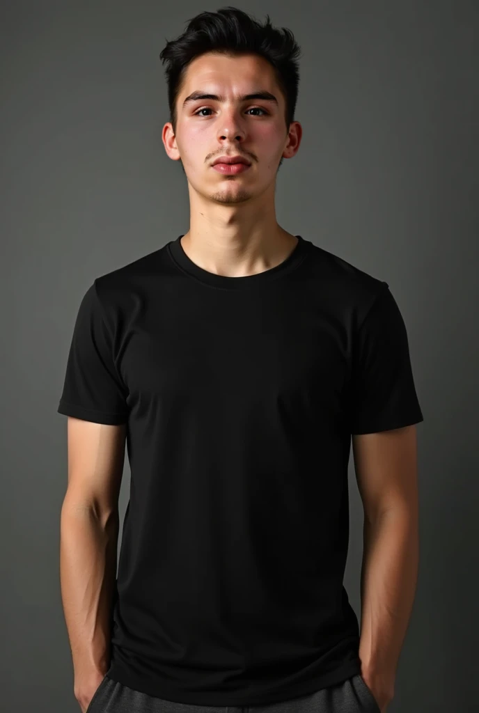 Generates a photograph of a 23 year old male with a round face with chubby cheeks and a slightly large head with a heteromorphic aesthetic model body modeling a tight black t-shirt in a professional photo studio.
