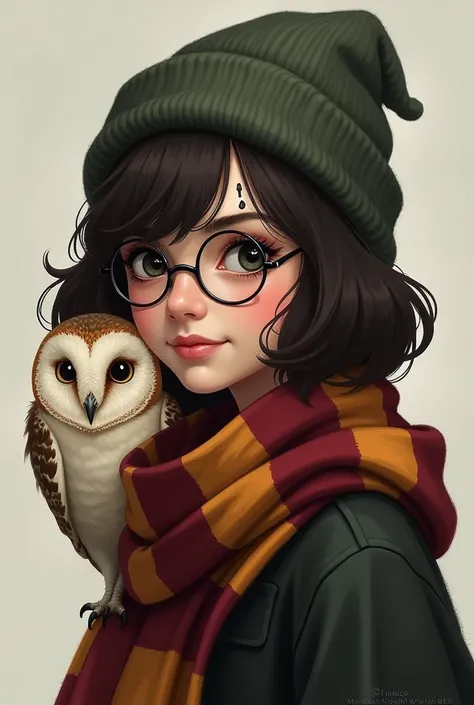 Profile picture of shy dark brown short hair hiding her face. She wear a glasses and have scar like harry potter. She use a beanie. She also use her griffindor scarf. Hedwig is on her shoulder.