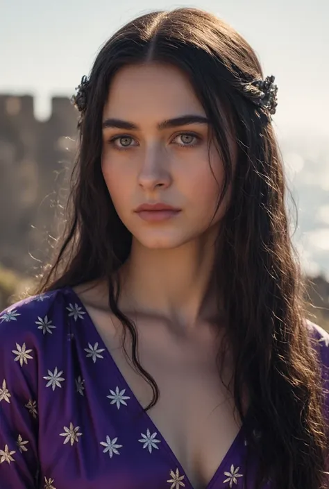 Ashara Dayne is a breathtakingly beautiful young woman, with an ethereal elegance that captivates all who see her. Her face is the epitome of delicate beauty, framed by long, dark hair that cascades gracefully over her shoulders, gleaming softly in the sun...