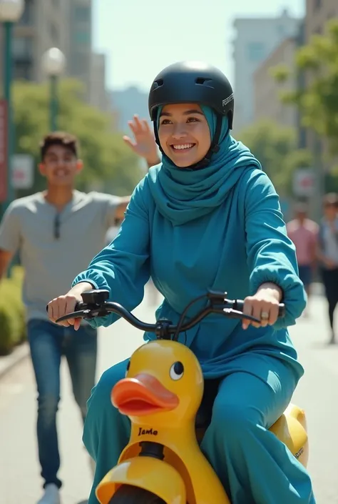 A woman in a rather fat hijab was wearing a helmet on a duck bike in a blue dress and then 5 meters away there was a young man waving