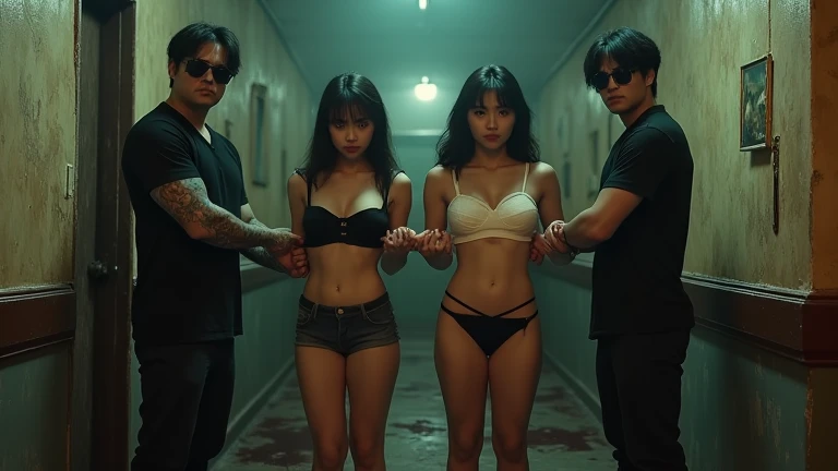 Two beautiful, busty and sexy Chinese women are trapped in a brothel after being deceived and sold. One is wearing a black spaghetti-strap crop top and short denim shorts, while the other is dressed in a white crop top and black underwear, 2 girls are bust...