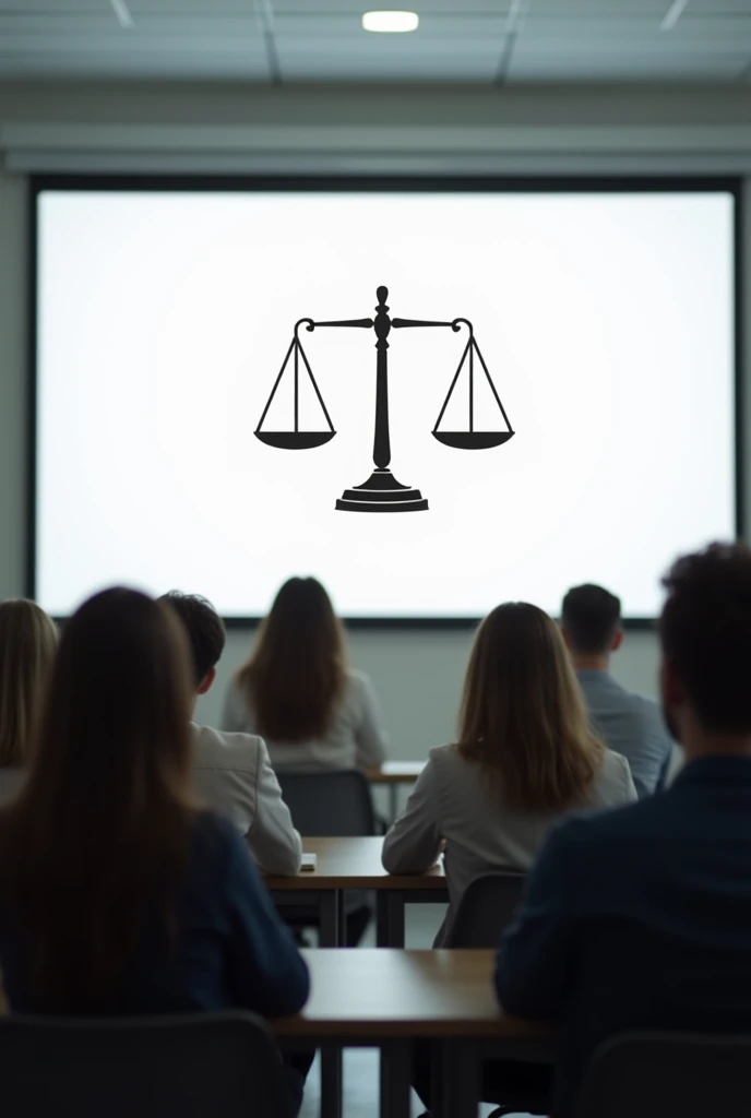 People sitting in a classroom watching a screen with a white background and a justice scale