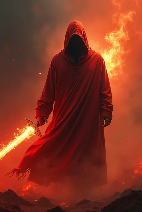 Mysterious man, fire hoodie, fire sword in hand,  hell background, hyper realism, logo 